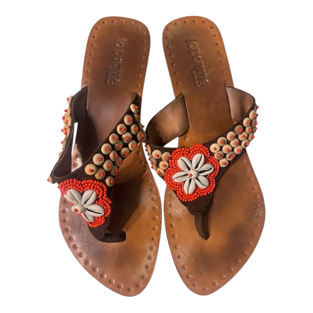 Y2K La Pomme Boho Seashell Beaded Beachy Leather Thong Sandals 8 Vaca Island